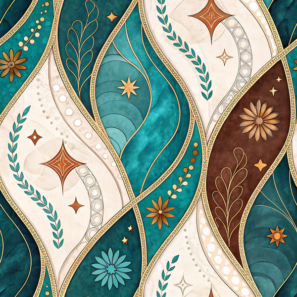 teal, turquoise, cream, gold, bronze, brown, celestial, stars, floral, flowers, daisy, leaf, leaves, botanical, geometric, elegant, luxe, luxury, modern, sophisticated, art deco, ornamental, decorative, whimsical, nature-inspired, home decor, premium