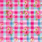 pink, fuchsia, blue, white, plaid pattern, gingham, checkered, floral motifs, roses, flowers, green leaves, watercolor style, feminine, country style,, fabric panel, cottage core, romantic, soft pastels, shabby chic