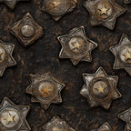 bronze, copper, gold, sheriff badges, star badges, western badges, metallic finish, vintage patina, weathered metal, law enforcement, old west, cowboy theme,, fabric panel, rustic texture, antique brass, tarnished metal, badge collection, frontier style, western americana
