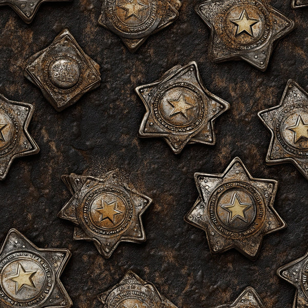 bronze, copper, gold, sheriff badges, star badges, western badges, metallic finish, vintage patina, weathered metal, law enforcement, old west, cowboy theme,, fabric panel, rustic texture, antique brass, tarnished metal, badge collection, frontier style, western americana