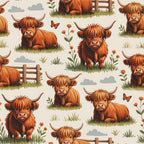 cartoon highland cows, orange fur, rusty brown, cream background, pastoral scene, farm animals, horned cattle, shaggy hair, grass patches, wooden fences, orange flowers, butterflies, clouds,, fabric panel, whimsical illustration, cute animals, repeating pattern, countryside theme, children's fabric