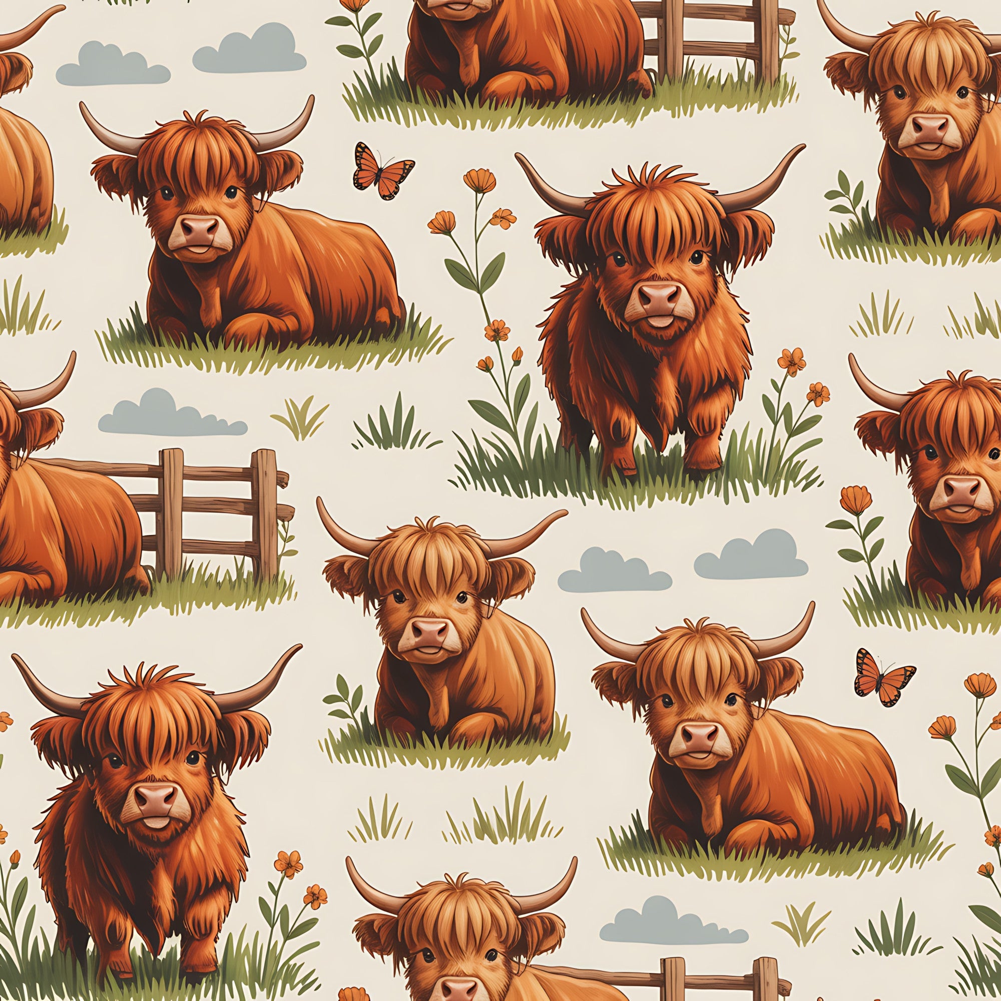 cartoon highland cows, orange fur, rusty brown, cream background, pastoral scene, farm animals, horned cattle, shaggy hair, grass patches, wooden fences, orange flowers, butterflies, clouds,, fabric panel, whimsical illustration, cute animals, repeating pattern, countryside theme, children's fabric