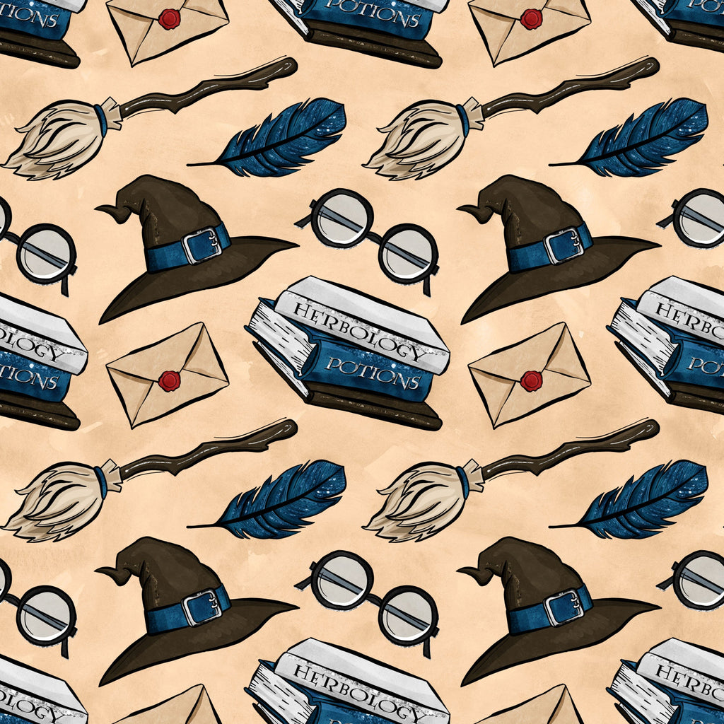 wizard themed, magic school, witch hat, round glasses, feather quill, potion bottles, herbology, envelope, wax seal, broomstick, blue feather, brown hat, beige background, repeating pattern,, fabric panel, magical elements, school supplies, fantasy motifs, scattered design