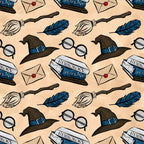 wizard themed, magic school, witch hat, round glasses, feather quill, potion bottles, herbology, envelope, wax seal, broomstick, blue feather, brown hat, beige background, repeating pattern,, fabric panel, magical elements, school supplies, fantasy motifs, scattered design