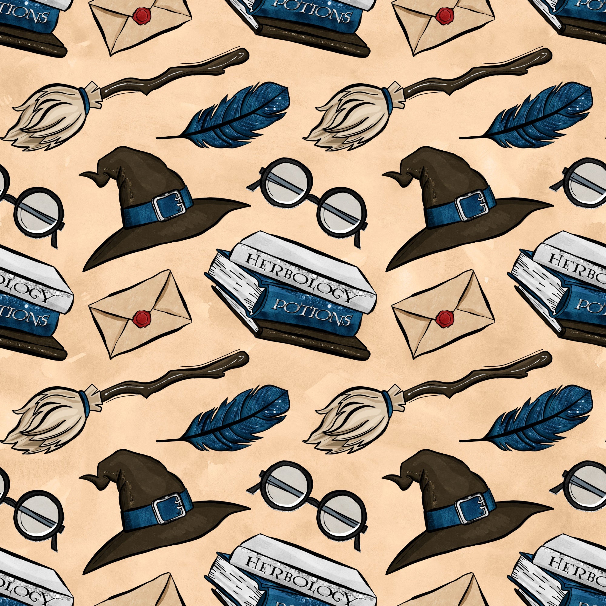 wizard themed, magic school, witch hat, round glasses, feather quill, potion bottles, herbology, envelope, wax seal, broomstick, blue feather, brown hat, beige background, repeating pattern,, fabric panel, magical elements, school supplies, fantasy motifs, scattered design