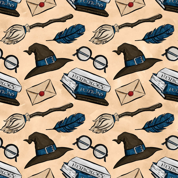 wizard themed, magic school, witch hat, round glasses, feather quill, potion bottles, herbology, envelope, wax seal, broomstick, blue feather, brown hat, beige background, repeating pattern,, fabric panel, magical elements, school supplies, fantasy motifs, scattered design
