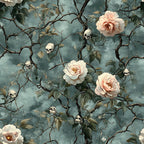 sage green, dusty blue, cream roses, pale pink flowers, human skulls, thorny vines, bramble branches, gothic botanical, dark romantic, moody floral,, fabric panel, skulls and roses, vintage gothic, muted pastels, botanical illustration, macabre garden, haunting beauty, cotton fabric, spooky floral