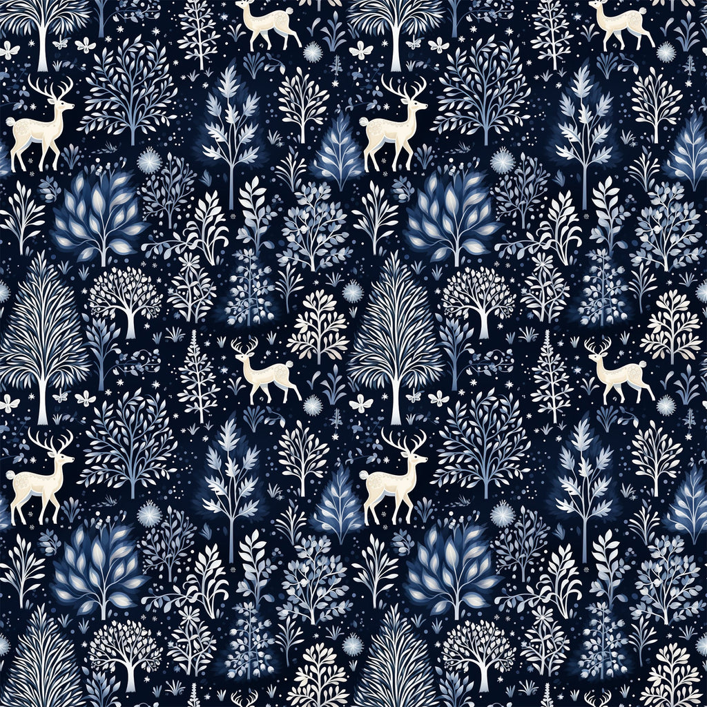 delft blue, navy background, winter forest, deer silhouettes, botanical motifs, folk art style, repeating pattern,, fabric panel, snowflakes, tree branches, nature scene, monochromatic design, scandinavian inspired, winter wonderland, forest animals, decorative foliage, textile design, crafting fabric, seasonal motifs