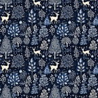 delft blue, navy background, winter forest, deer silhouettes, botanical motifs, folk art style, repeating pattern,, fabric panel, snowflakes, tree branches, nature scene, monochromatic design, scandinavian inspired, winter wonderland, forest animals, decorative foliage, textile design, crafting fabric, seasonal motifs