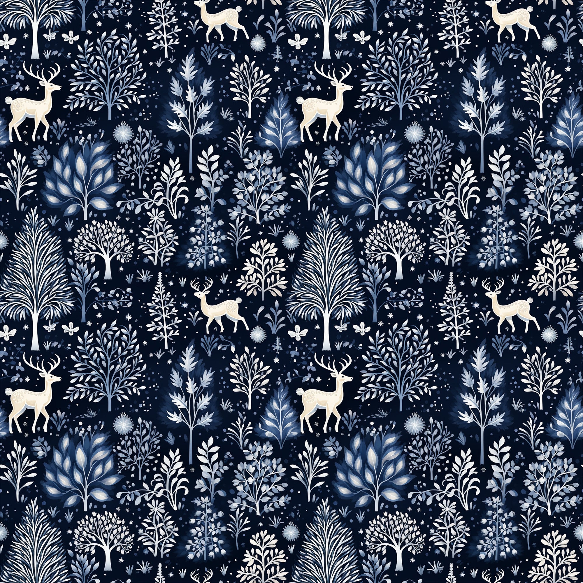 delft blue, navy background, winter forest, deer silhouettes, botanical motifs, folk art style, repeating pattern,, fabric panel, snowflakes, tree branches, nature scene, monochromatic design, scandinavian inspired, winter wonderland, forest animals, decorative foliage, textile design, crafting fabric, seasonal motifs