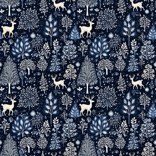 delft blue, navy background, winter forest, deer silhouettes, botanical motifs, folk art style, repeating pattern,, fabric panel, snowflakes, tree branches, nature scene, monochromatic design, scandinavian inspired, winter wonderland, forest animals, decorative foliage, textile design, crafting fabric, seasonal motifs