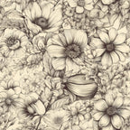 cream, beige, sepia, tan, botanical, floral, line drawing, sketch, vintage, nature, botanical illustration, elegant, timeless, traditional, daisy, cosmos, flower, wildflower, garden, detailed, intricate, monochromatic, neutral, classic, spring, summer, cottage core, farmhouse, romantic, delicate