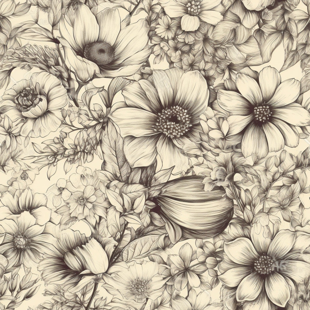 cream, beige, sepia, tan, botanical, floral, line drawing, sketch, vintage, nature, botanical illustration, elegant, timeless, traditional, daisy, cosmos, flower, wildflower, garden, detailed, intricate, monochromatic, neutral, classic, spring, summer, cottage core, farmhouse, romantic, delicate