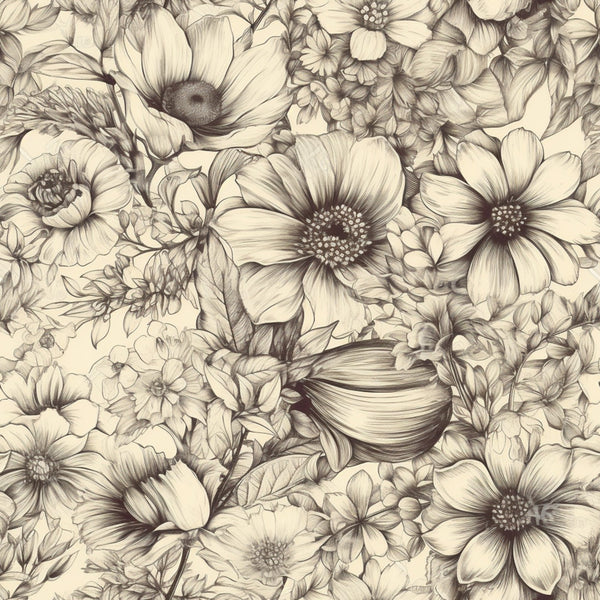 cream, beige, sepia, tan, botanical, floral, line drawing, sketch, vintage, nature, botanical illustration, elegant, timeless, traditional, daisy, cosmos, flower, wildflower, garden, detailed, intricate, monochromatic, neutral, classic, spring, summer, cottage core, farmhouse, romantic, delicate