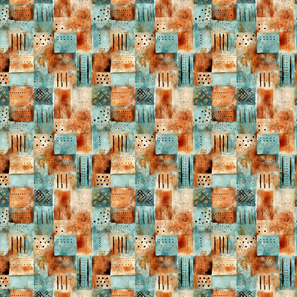 turquoise, rust orange, cream, beige, patchwork squares, geometric patterns, dots, lines, crosshatch designs, weathered texture, distressed look, shabby chic, vintage style,, fabric panel, earthy tones, rustic aesthetic, abstract blocks, repetitive pattern, textured surface