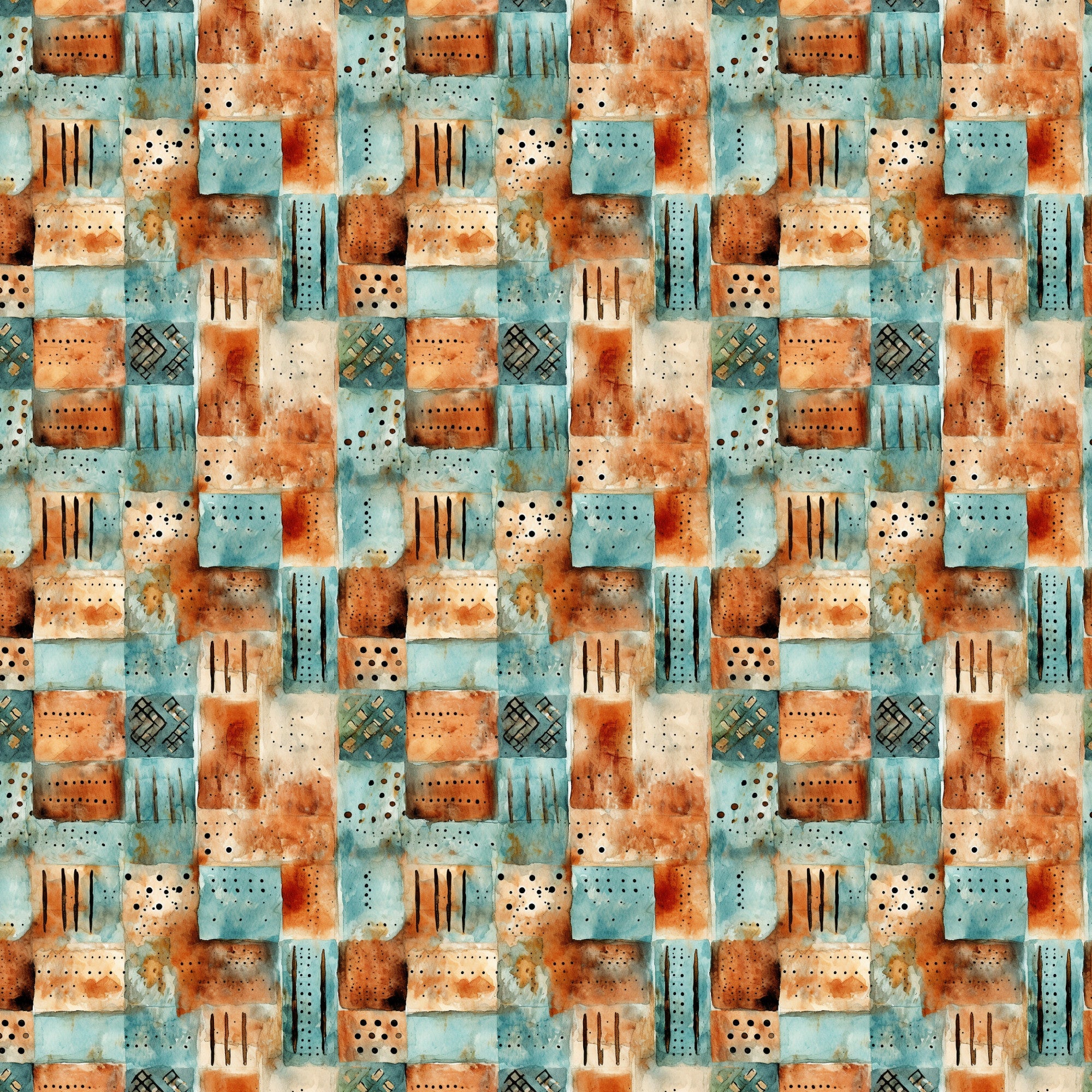 turquoise, rust orange, cream, beige, patchwork squares, geometric patterns, dots, lines, crosshatch designs, weathered texture, distressed look, shabby chic, vintage style,, fabric panel, earthy tones, rustic aesthetic, abstract blocks, repetitive pattern, textured surface