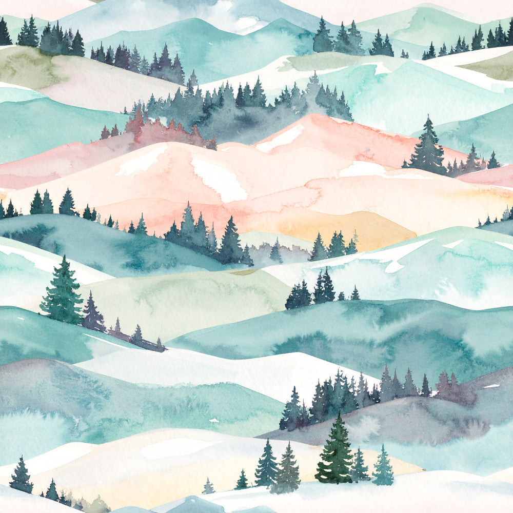 watercolor landscape, mountain scenery, rolling hills, forest trees, pine trees, evergreen trees, winter scene, snowy landscape, misty mountains, layered landscape, soft pastels, sage green, dusty blue, coral pink, cream white, soft yellow, muted tones, nature themed, woodland, scenic vista, peaceful landscape, dreamy aesthetic, artistic, whimsical, modern landscape, nursery decor, kids room, nature lover, serene, tranquil