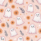 peach background, cute ghosts, orange flowers, navy leaves, white stars, kawaii style, friendly faces, floral motifs, halloween theme,, fabric panel, retro design, pastel colors, whimsical pattern, seasonal motifs, blush pink, autumn elements, cheerful ghosts, repeating pattern