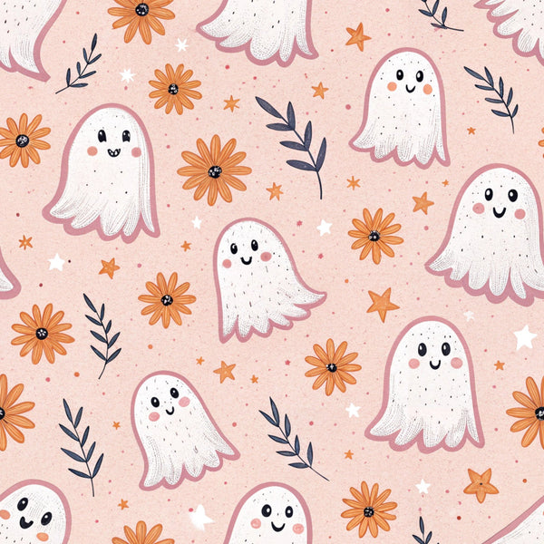peach background, cute ghosts, orange flowers, navy leaves, white stars, kawaii style, friendly faces, floral motifs, halloween theme,, fabric panel, retro design, pastel colors, whimsical pattern, seasonal motifs, blush pink, autumn elements, cheerful ghosts, repeating pattern