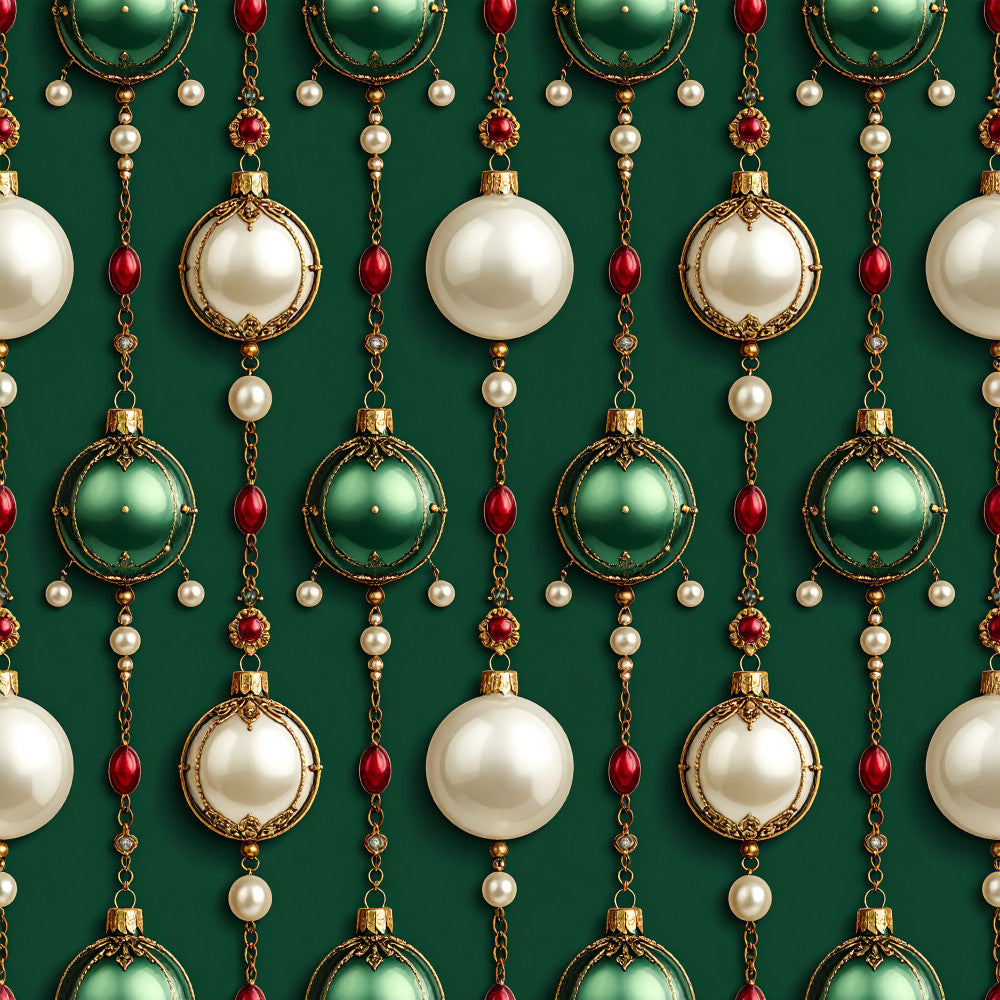 forest green, cream, pearl white, ruby red, gold, emerald green, christmas, holiday, ornaments, pearls, elegant, luxurious, traditional, vintage, festive, decorative baubles, beaded ornaments, metallic accents, formal, classic, seasonal, winter, celebration, sophisticated, botanical, hanging garland, jewel tones, premium, upscale