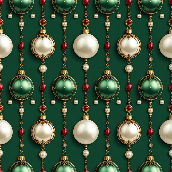 forest green, cream, pearl white, ruby red, gold, emerald green, christmas, holiday, ornaments, pearls, elegant, luxurious, traditional, vintage, festive, decorative baubles, beaded ornaments, metallic accents, formal, classic, seasonal, winter, celebration, sophisticated, botanical, hanging garland, jewel tones, premium, upscale