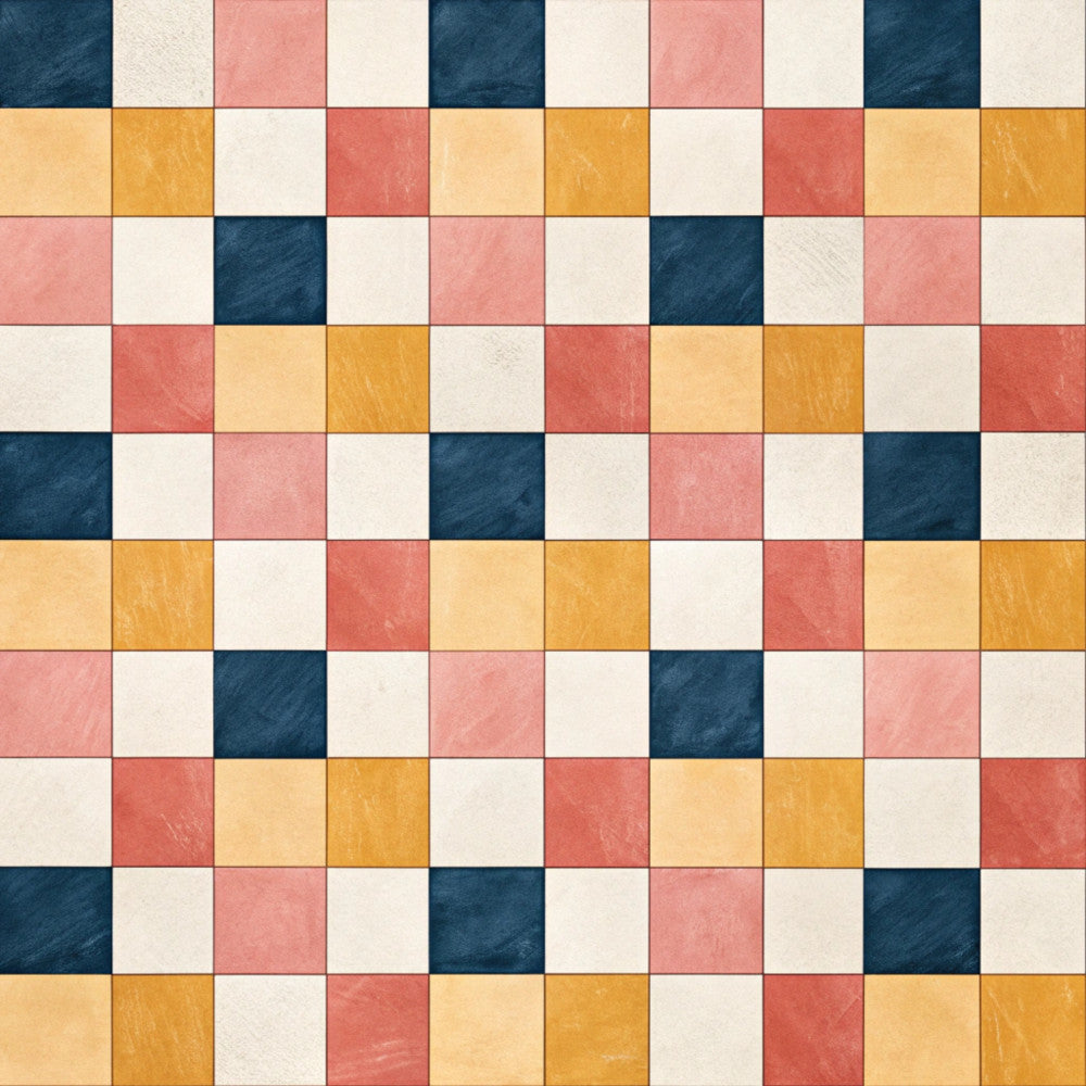 navy blue, cream, coral pink, dusty rose, golden yellow, burnt orange, geometric, checkerboard, grid pattern, modern, contemporary, colorblock, multi-color, retro, vintage, classic, playroom, kids room, nursery, home decor, patchwork style, warm tones, cool tones, color blocking, abstract geometric, structured pattern, bold colors, vibrant