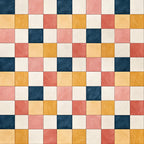 navy blue, cream, coral pink, dusty rose, golden yellow, burnt orange, geometric, checkerboard, grid pattern, modern, contemporary, colorblock, multi-color, retro, vintage, classic, playroom, kids room, nursery, home decor, patchwork style, warm tones, cool tones, color blocking, abstract geometric, structured pattern, bold colors, vibrant