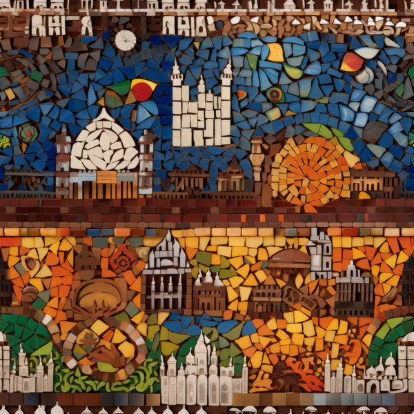 mosaic art,, fabric panel, blue tiles, orange tiles, brown tiles, white tiles, architectural buildings, castles, towers, geometric patterns, circular motifs, stained glass style, medieval structures, artistic collage, earthy tones, vibrant blues, warm oranges, tessellated design, decorative buildings