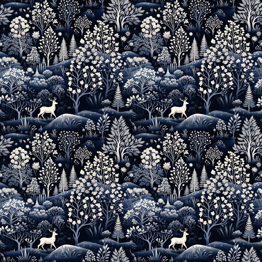 navy blue, white, cream, delft blue, deer, stags, winter forest, botanical motifs, trees, ferns, flowers, hills, landscape pattern, repeating design, monochromatic, serene mood,, fabric panel, winter theme, nature scene