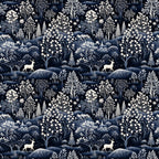 navy blue, white, cream, delft blue, deer, stags, winter forest, botanical motifs, trees, ferns, flowers, hills, landscape pattern, repeating design, monochromatic, serene mood,, fabric panel, winter theme, nature scene