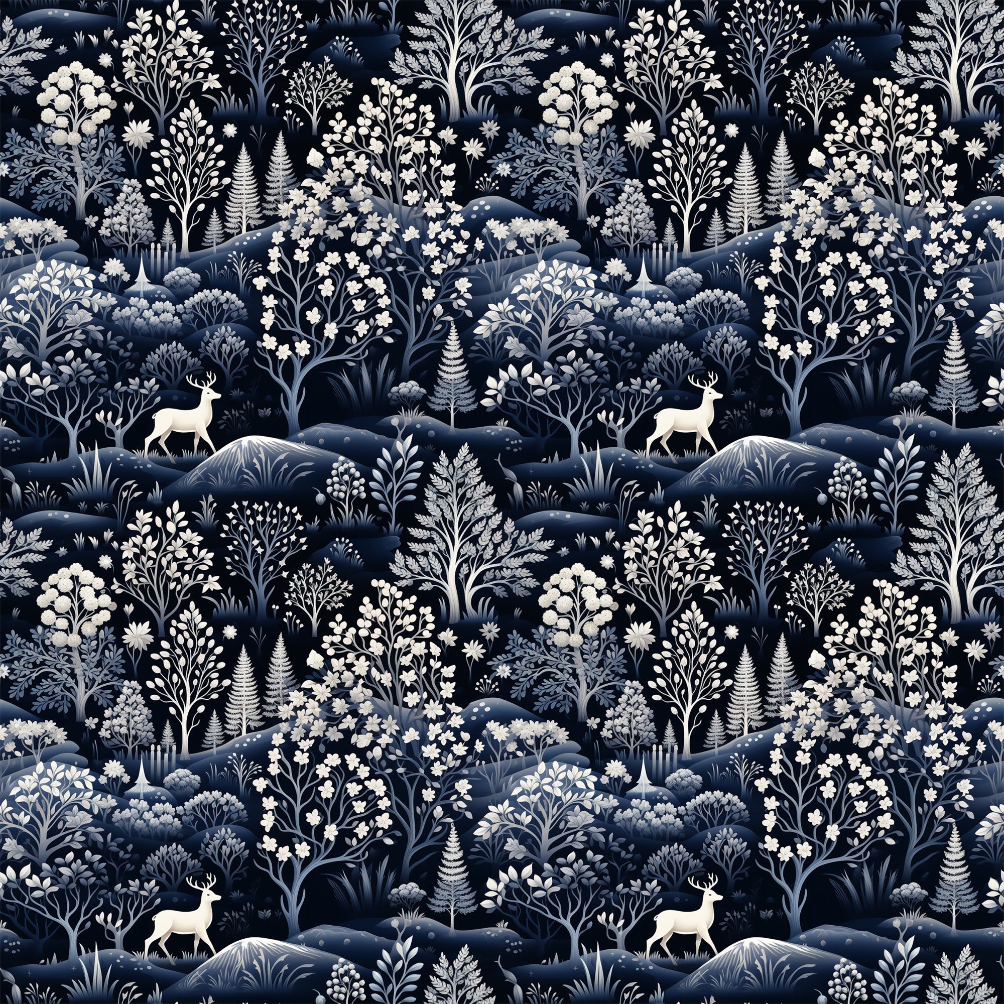 navy blue, white, cream, delft blue, deer, stags, winter forest, botanical motifs, trees, ferns, flowers, hills, landscape pattern, repeating design, monochromatic, serene mood,, fabric panel, winter theme, nature scene