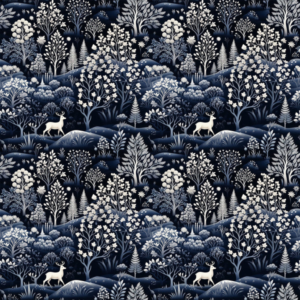navy blue, white, cream, delft blue, deer, stags, winter forest, botanical motifs, trees, ferns, flowers, hills, landscape pattern, repeating design, monochromatic, serene mood,, fabric panel, winter theme, nature scene