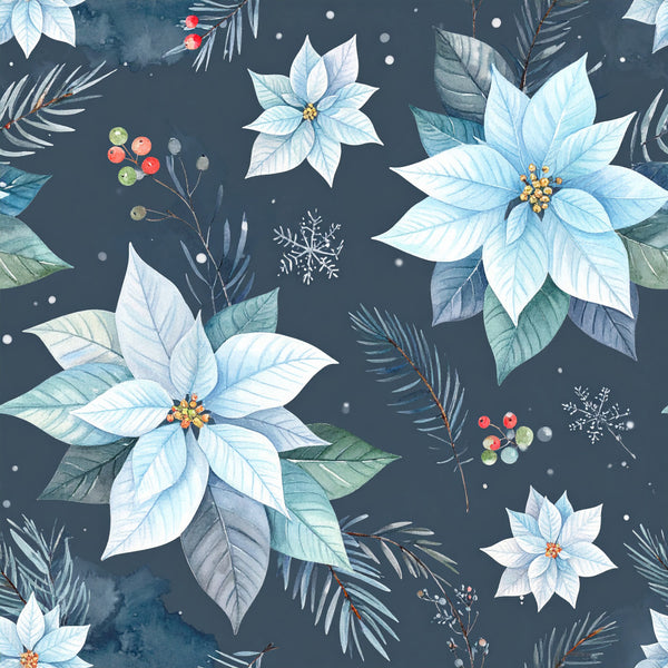 navy blue, white poinsettia, light blue, charcoal gray, winter floral, christmas flowers, snowflakes, holiday botanical, elegant, festive, seasonal, winter berries, evergreen branches, celestial snowflake, traditional christmas, modern holiday, nature-inspired, botanical winter, delicate florals, holiday decor, winter wonderland, sophisticated, peaceful, cozy, gift-worthy, premium print, detailed illustration, seasonal celebration, winter botanicals