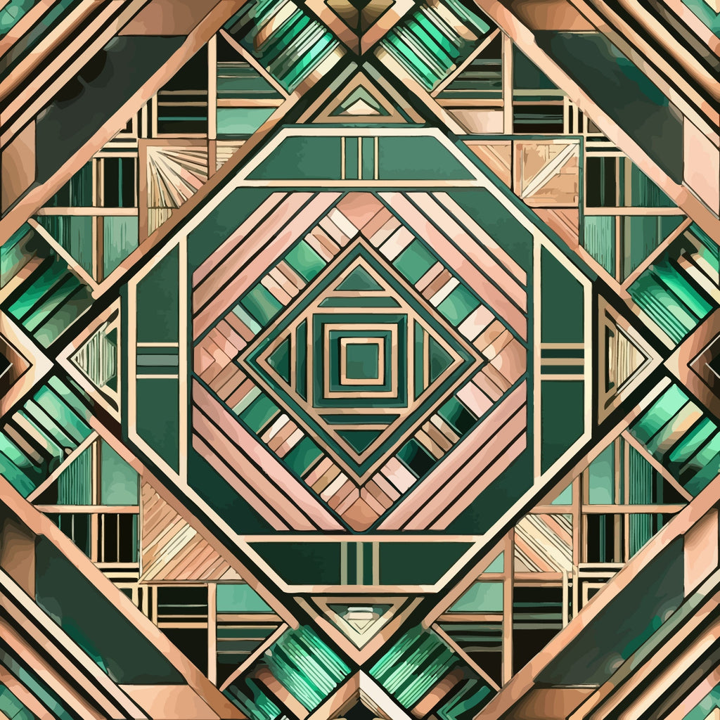 emerald green, rose gold, copper, geometric pattern, art deco, diamond motif, concentric squares, symmetrical design, metallic accents, angular lines,, fabric panel, modern geometric, luxurious colors, repetitive pattern, structured design, contemporary style, sophisticated palette