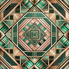 emerald green, rose gold, copper, geometric pattern, art deco, diamond motif, concentric squares, symmetrical design, metallic accents, angular lines,, fabric panel, modern geometric, luxurious colors, repetitive pattern, structured design, contemporary style, sophisticated palette