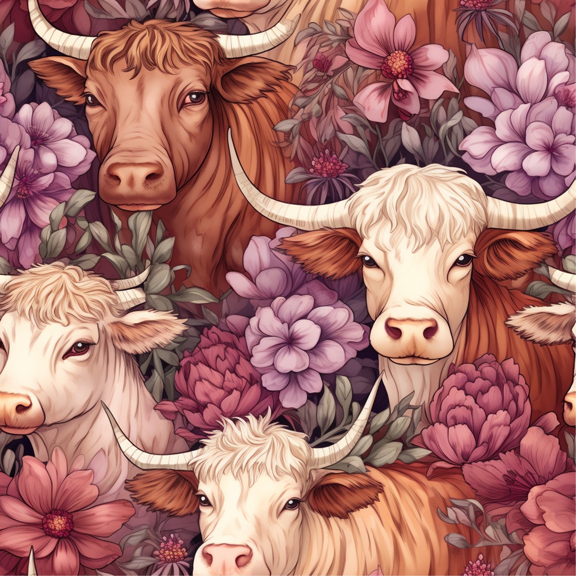 highland cows, cattle, farm animals, pink flowers, purple blooms, floral pattern, cream colored, brown cows, horned cattle, botanical design,, fabric panel, pastoral theme, country style, soft pastels, dusty rose, mauve tones, repeating pattern, whimsical art, gentle mood