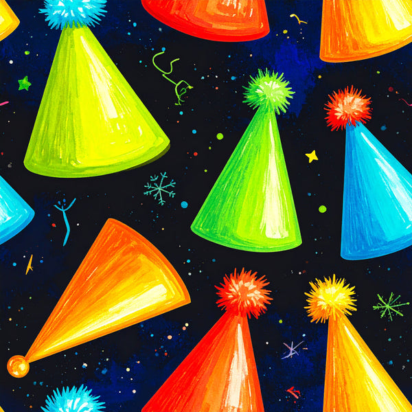 neon yellow, lime green, bright blue, cyan, red, orange, navy blue, dark navy, party hats, fireworks, pom poms, stars, celestial, confetti, abstract, whimsical, playful, modern, vibrant, colorful, kids, children, festive, celebration, birthday party, fun, energetic, playroom, kids room