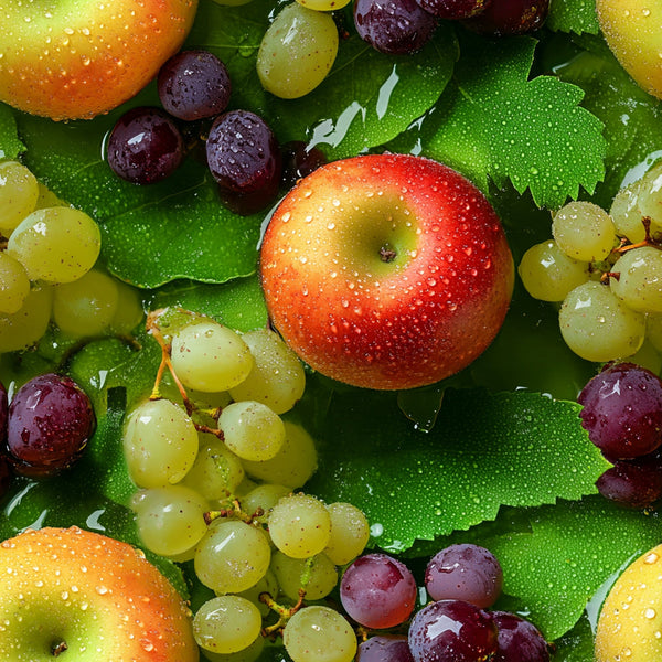 fresh fruits, apples, grapes, cherries, green leaves, red apples, purple grapes, yellow grapes, water droplets, realistic photography, vibrant colors, botanical print,, fabric panel, fruit pattern, harvest theme, nature design, food motif, bright greens, deep reds