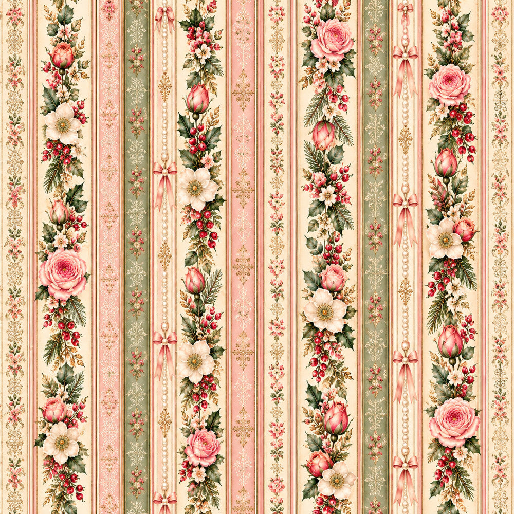 rose pink, cream, sage green, dusty rose, coral pink, vintage floral, striped, floral, roses, peonies, botanical, elegant, traditional, romantic, spring, summer, cottage core, victorian, classic, nature, garden, feminine, delicate, ornate, decorative flourishes, pearls, ribbons, bows, timeless, nostalgic