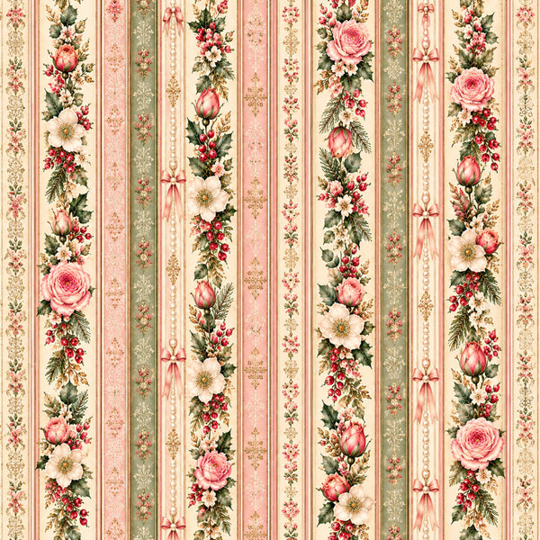 rose pink, cream, sage green, dusty rose, coral pink, vintage floral, striped, floral, roses, peonies, botanical, elegant, traditional, romantic, spring, summer, cottage core, victorian, classic, nature, garden, feminine, delicate, ornate, decorative flourishes, pearls, ribbons, bows, timeless, nostalgic