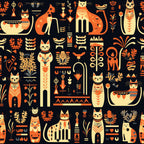 cream, orange, black, burnt orange, gold, geometric, cats, egyptian, ancient egypt, feline, art deco, modern, whimsical, decorative, ornamental, botanical, plants, leaves, flowers, vessels, pottery, hieroglyphics, symbols, mystical, cultural, sophisticated, playroom, kids room, nursey, gender neutral