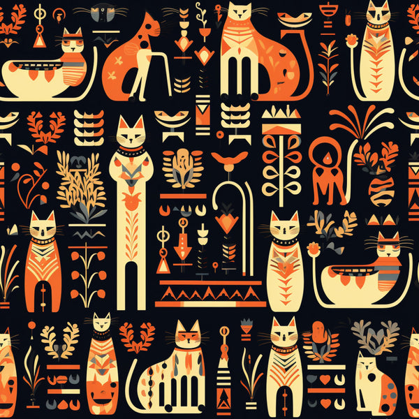 cream, orange, black, burnt orange, gold, geometric, cats, egyptian, ancient egypt, feline, art deco, modern, whimsical, decorative, ornamental, botanical, plants, leaves, flowers, vessels, pottery, hieroglyphics, symbols, mystical, cultural, sophisticated, playroom, kids room, nursey, gender neutral