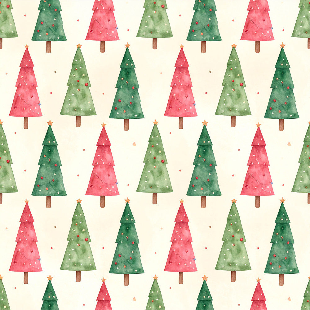 christmas trees, holiday, festive, coral pink, forest green, sage green, red, cream, watercolor, whimsical, winter, seasonal, christmas ornaments, gold stars, decorative balls, children's, kids room, nursery, playroom, festive design, traditional holiday, painted trees, soft aesthetic, cozy, cheerful, christmas fabric, holiday decor