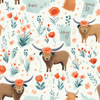 highland cows, hand drawn, coral flowers, sage green, peach blossoms, cream background, floral pattern, horned cattle, botanical elements, watercolor style,, fabric panel, rustic charm, country animals, roses, leafy vines, pastoral theme, whimsical illustration, farm animals, nature motifs
