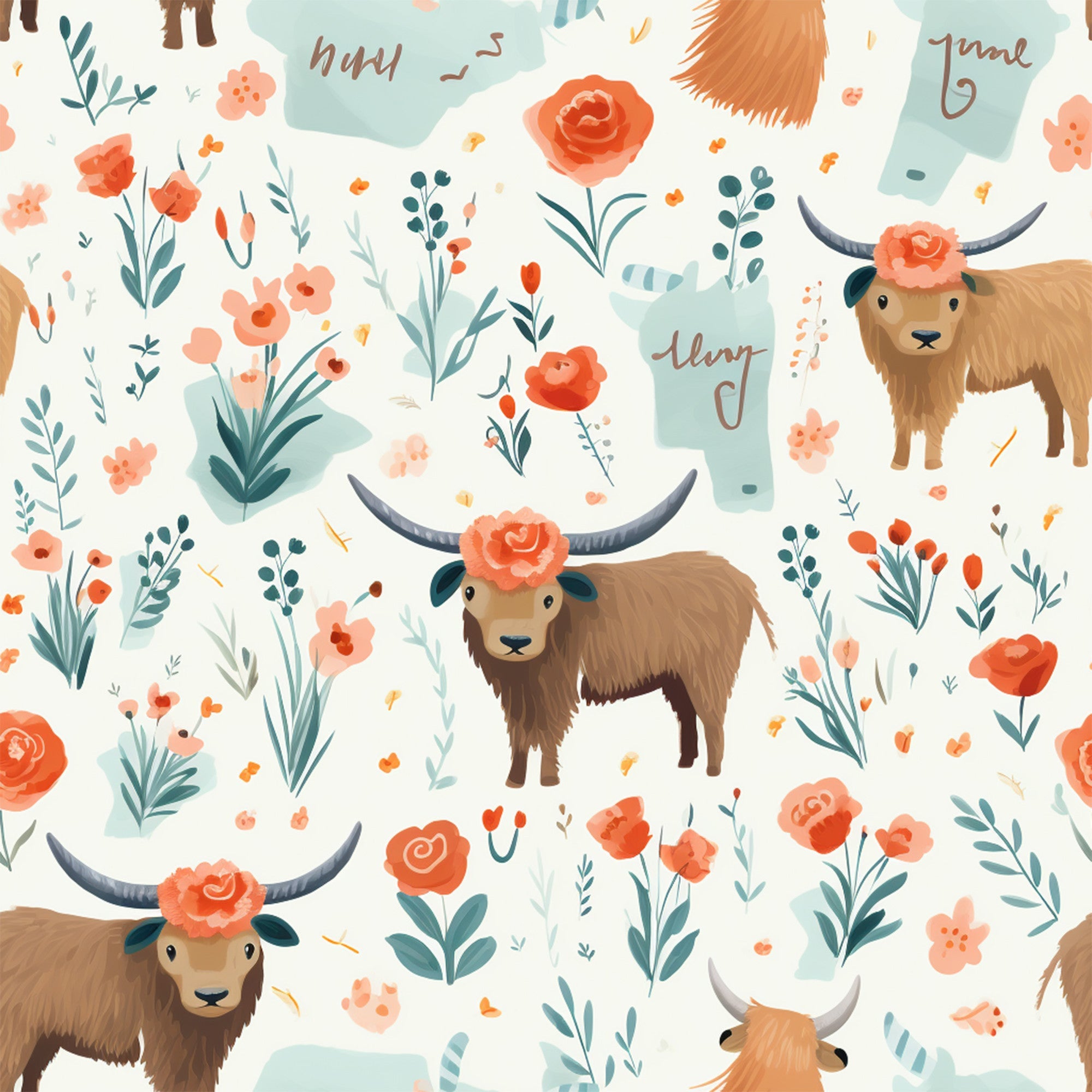 highland cows, hand drawn, coral flowers, sage green, peach blossoms, cream background, floral pattern, horned cattle, botanical elements, watercolor style,, fabric panel, rustic charm, country animals, roses, leafy vines, pastoral theme, whimsical illustration, farm animals, nature motifs