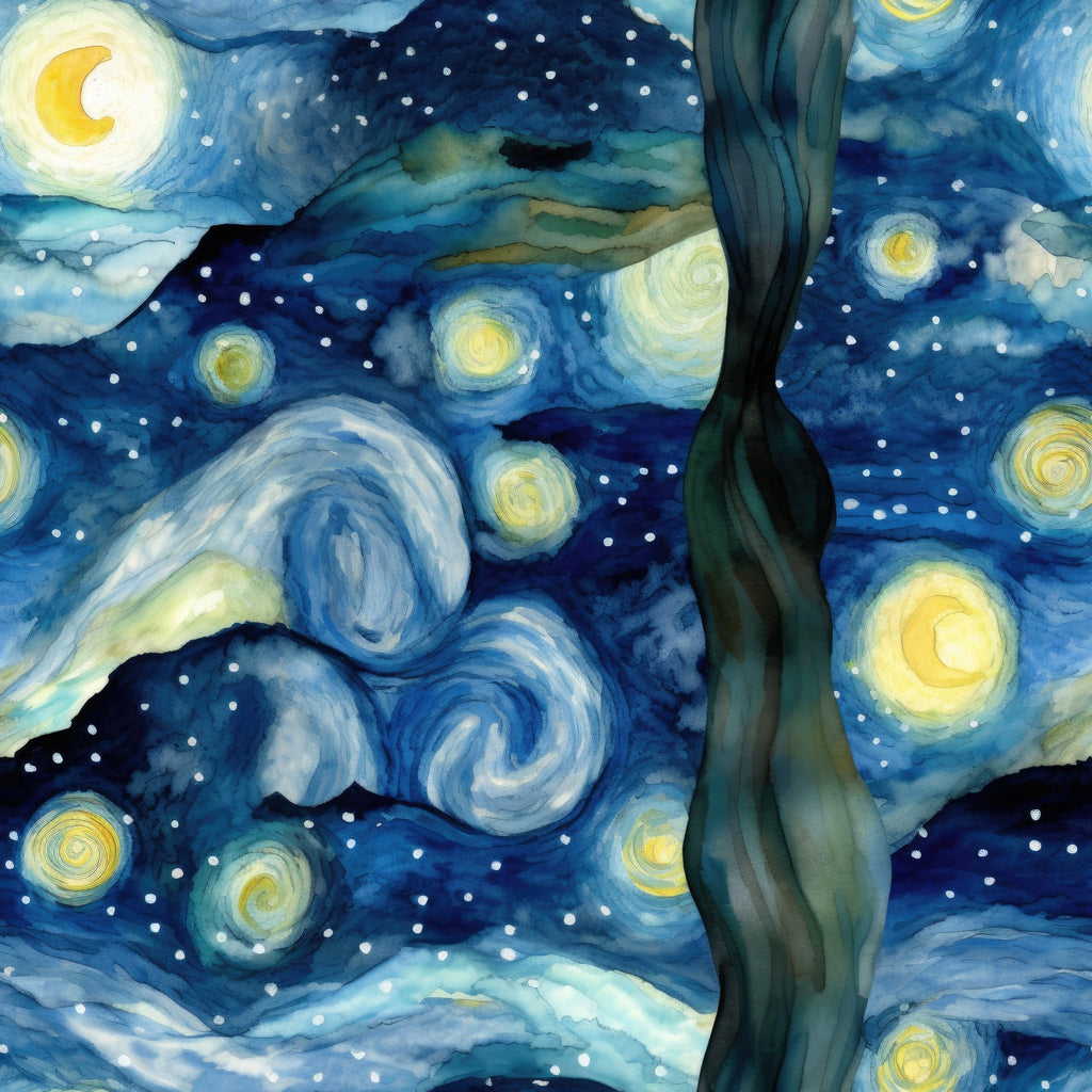 navy blue, yellow, swirling stars, crescent moon, cypress tree, night sky, post-impressionist, van gogh inspired, swirling clouds, luminous orbs, deep blue, golden yellow, white stars, dreamy atmosphere, artistic pattern,, fabric panel, celestial theme, flowing brushstrokes, starry night
