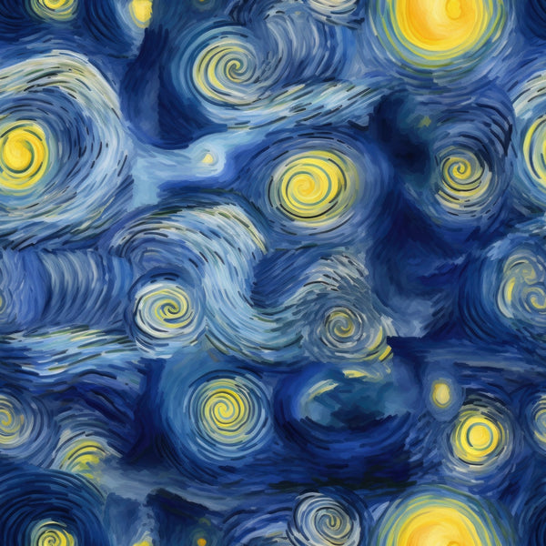 starry night, swirling patterns, deep blue, bright yellow, night sky, stars, spiral motifs, van gogh style, impressionist, dreamy, celestial, cotton fabric, quilting panel, post-impressionist, cosmic, flowing movement, luminous stars, artistic reproduction, fabric art, navy blue