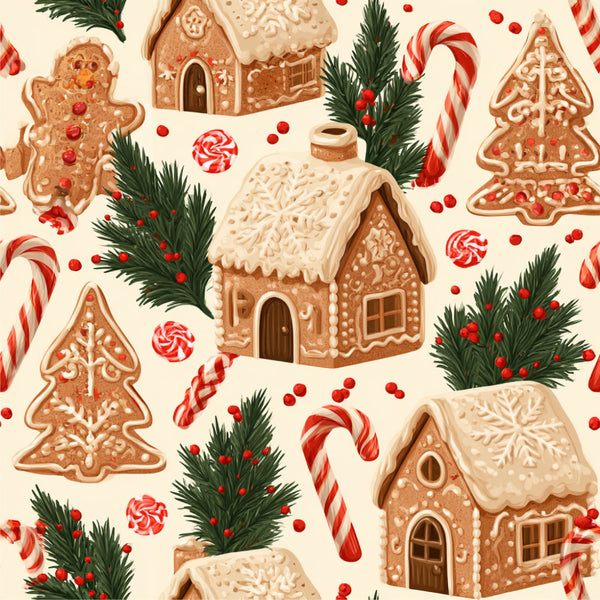 gingerbread, christmas, holiday, candy cane, peppermint, gingerbread house, cream, tan, brown, red, forest green, lollipop, festive, whimsical, traditional, winter, seasonal, children, kids, playroom, nursery, vintage, classic, decorated cookies, evergreen, berries, candy theme, sweet treats, nostalgic, december