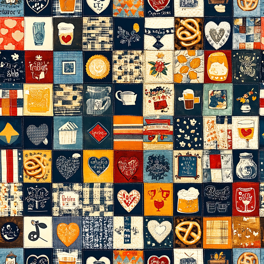 navy blue, cream, orange, red, vintage, geometric, hearts, pretzels, beer mugs, food motifs, kitchen theme, farmhouse, rustic, whimsical, retro, folk art, beer and pretzels, cottage core, distressed, patchwork, americana, patriotic, beer lover, food and drink, home decor, adult novelty, quirky, playful