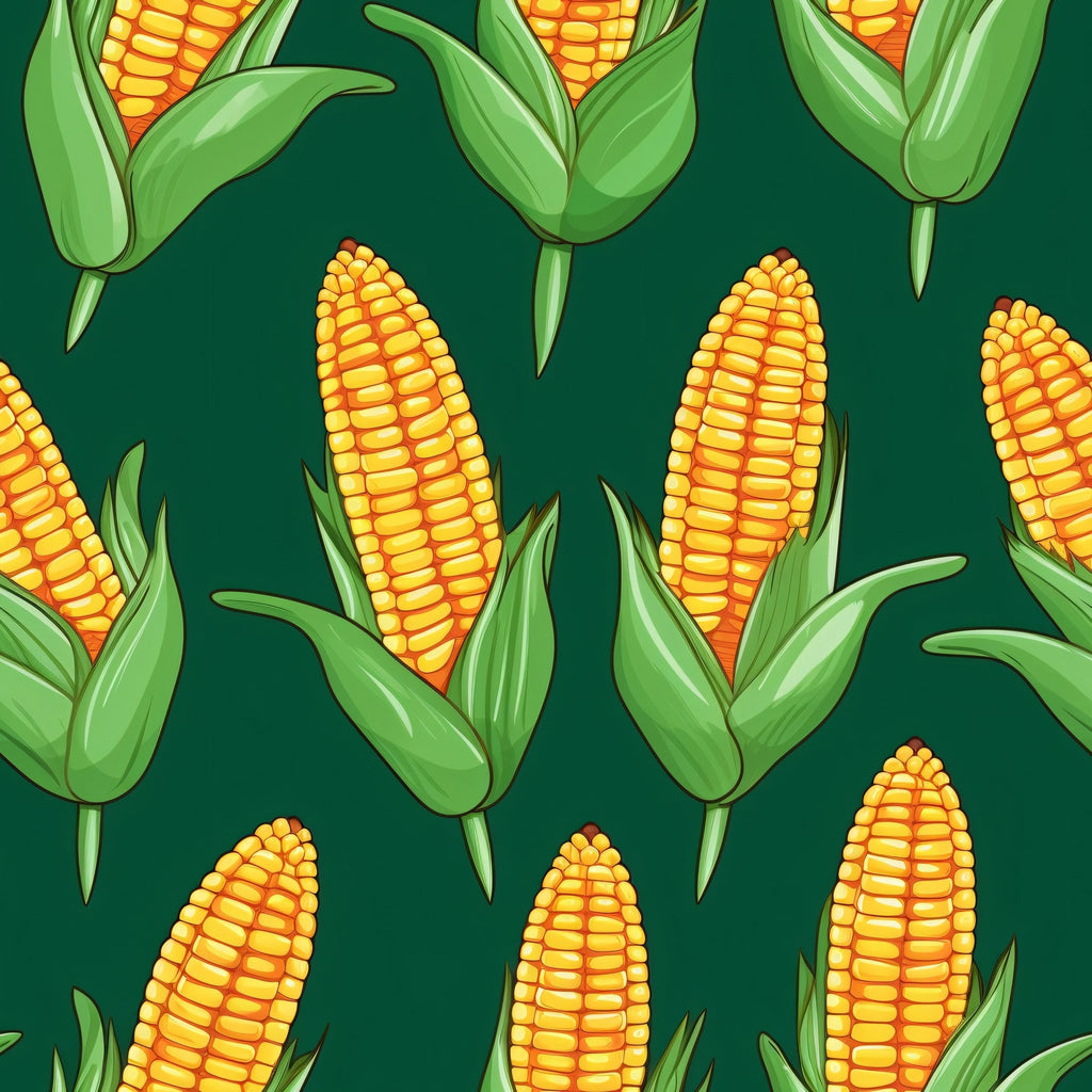 green background, yellow corn, orange kernels, corn cobs, husks, vegetable pattern, harvest theme, farm produce,, fabric panel, botanical design, food motif, autumn colors, agricultural theme, repeating pattern, sweet corn, produce illustration, garden vegetables, farming imagery